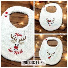Bavoir de Noël fait main avec broderie renne – cadeau bébé mignon et utile à glisser sous le sapin / Handgemaakte kerstslab met rendier – schattig en nuttig babycadeau / Handmade reindeer Christmas bib – cute & useful gift for baby