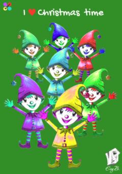 Carte postale illustrée festive “I ❤️ Christmas time” – 7 lutins colorés, style enfantin / Illustratie kerstkaart “I ❤️ Christmas time” – 7 kleurrijke kabouters, speelse stijl / Illustrated Christmas postcard “I ❤️ Christmas time” – 7 colorful elves, playful style