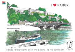 Carte postale illustrée “J'aime Namur” – dessin des namourettes et patrimoine local / Illustratie ansichtkaart “Ik hou van Namen” – tekening van namourettes en lokaal erfgoed / Illustrated postcard “I love Namur” – drawing of namourettes and local heritage