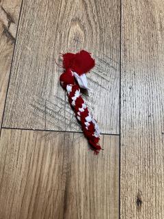 Mini corde rouge & blanche pour chiot ou très petit chien – jouet artisanal lavable et parfait pour premières mordilles / Mini rood & wit touw voor puppy of zeer kleine hond – handgemaakt, wasbaar en perfect voor eerste kauwmomenten / Mini red & white rope for puppy or very small dog – handmade, washable and perfect for first chewing moments