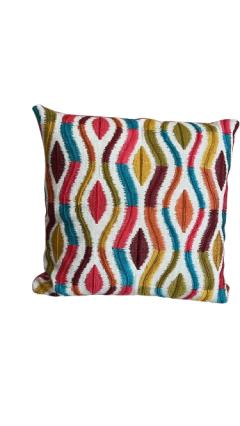 Coussin carré "Caracas" multicolore, dos rouge vif – création artisanale / Vierkant kussen "Caracas" in felle kleuren, rode achterkant – ambachtelijk gemaakt / Colorful square cushion "Caracas", red back – handmade creation