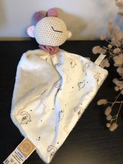 Doudou bébé Dino rose, création artisanale douce et rassurante, cadeau de naissance tendre / Babyknuffel Dino roze, zachte en geruststellende handgemaakte creatie, lief geboortecadeau / Pink Dino baby comforter, handmade soft and reassuring, tender birth gift