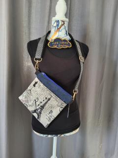 Sac carré en jeans avec tissu Tour Eiffel, poche zippée & bandoulière réglable / Vierkante jeans tas met Eiffeltorenstof, ritsvak en verstelbare schouderriem / Square denim bag with Eiffel Tower fabric, zipped pocket & adjustable strap