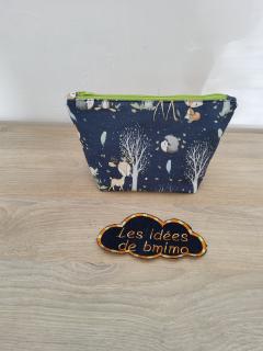 Trousse 22 cm en coton beige, doublure fleurie bleue, création artisanale – cadeau femme / Toilettetas 22 cm beige katoen met blauwe bloemenvoering – handgemaakt cadeau / 22 cm toiletry bag beige cotton with blue floral lining – handmade gift