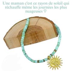 Collier turquoise lumineux avec pendentif soleil – création artisanale / Bright turquoise necklace with sun pendant – handmade jewelry / Heldere turquoise ketting met zon hanger – handgemaakt juweel