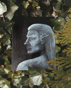 Peinture d'elfe sombre sur fond végétal, style fantastique / Dark elf painting on foliage background, fantasy style / Donkere elfenschilderij op bladerdecor, fantasystijl