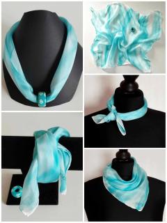 Foulard collier bleu porté de différentes manières / Blue scarf necklace worn in different ways / Blauwe sjaalketting op verschillende manieren gedragen