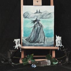 Aquarelle originale “Druidess au Lac” – œuvre unique à l’encre et aquarelle, scène mystique et médiévale, création artistique authentique / Origineel aquarel “Druidess bij het Meer” – mystieke middeleeuwse scène / Original watercolor “Druidess at the Lake” – mystical medieval art painting, unique handmade artwork
