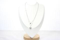 Collier double chaîne papillon et strass – bijou argenté léger / Dubbele ketting met vlinder en strass – licht en sierlijk / Double silver necklace with butterfly and rhinestone – elegant and light