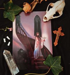 Impression artistique Haunted – scène gothique mystérieuse en art contemporain, ambiance sombre et poétique / Kunstdruk Haunted – mysterieuze gotische scène, donkere en poëtische sfeer / Art print Haunted – mysterious gothic scene with dark poetic atmosphere