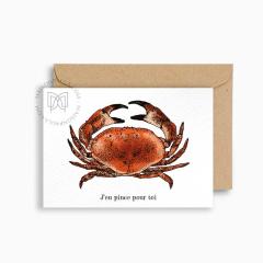 Carte illustrée crabe rouge – humour et tendresse, imprimée sur papier texturé, dessin original belge – parfaite pour déclarer son amour / Wenskaart met krab – grappig en lief – Belgische creatie op dik papier / Red crab art postcard – funny and cute – hand-illustrated by Maison Paula