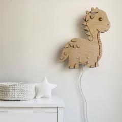 Veilleuse murale dinosaure en bois – fabrication artisanale belge – lumière tamisée idéale pour chambre bébé / Houten dinosaurus nachtlampje – handgemaakt – zacht licht voor babykamer / Handmade wooden dinosaur night light – soft glow – ideal newborn gift