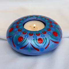 Photo de l'article Bougeoir "medium" -  Format rond - Base bleue - Mandala & Dot Art - Pièce unique en Jesmonite, 100% moulée et peinte à la main