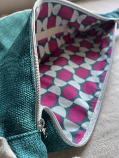 Picture of the product Moon Bag handmade half-moon bag emerald green – lined with colorful polka dots, unique upcycled creation made in Belgium