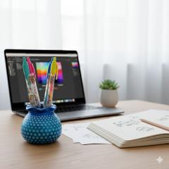 Décoration artisanale ou porte-crayon en jesmonite bleu peint à la main, motif mandala & dot art, accessoire de bureau design bohème chic fait main en Belgique / Handgemaakte blauwe jesmonite pennenhouder of decoratief object, mandala dot art design, Belgisch ambachtelijk bureau-accessoire / Hand-painted blue jesmonite pen holder or decorative piece, mandala dot art desk accessory, unique Belgian handmade home décor