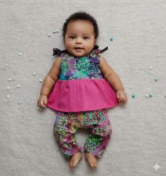 Foto van het artikel Maat 12 -6-3 maanden – Boho chique zomer set tie-dye upcycled, tuniek en meegroeiende harembroek in ecologisch geborduurd katoen