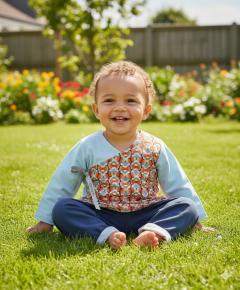 Tenue bébé 12 mois portée style vintage cousue main Ethi-Khet, création textile éthique par Anne Morin, alternative aux grandes chaînes, cadeau bébé local et durable sur Wimzzi / Gedragen vintage babyoutfit 12 maanden handgemaakt Ethi-Khet, ethische creatie van Anne Morin, duurzaam alternatief voor grote ketens via Wimzzi / Worn vintage baby outfit 12 months handmade Ethi-Khet by Anne Morin, ethical baby clothing, local and sustainable gift on Wimzzi