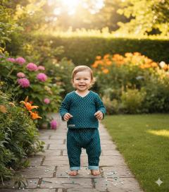 Tenue bébé été bleu paon portée, look naturel et raffiné inspiration Bonpoint, cadeau bébé haut de gamme / Baby draagt pauwblauwe zomeroutfit, verfijnde en natuurlijke stijl met Bonpoint-inspiratie, luxe babycadeau / Baby wearing peacock blue summer outfit, refined natural look inspired by Bonpoint, premium baby gift
