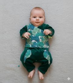 Ensemble bébé 6 mois vert émeraude en coton bio, tenue confortable fait main, idée cadeau naissance artisanale belge / Baby set 6 maanden smaragdgroen in biologisch katoen, comfortabele handgemaakte outfit, Belgisch geboortecadeau / 6-month baby outfit emerald green organic cotton, handmade comfortable set, Belgian newborn gift idea