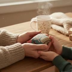 Bouillotte en lin naturel utilisée pour moment cocooning, chaleur douce et apaisante / Linnen warmtekussen gebruikt voor cocoonmoment, zachte en rustgevende warmte / Natural linen hot water bottle used for a cozy moment, soft and soothing warmth