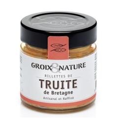 Rillettes de truite artisanales de Bretagne, spécialité gourmande en bocal / Ambachtelijke forelrillettes uit Bretagne, gastronomische specialiteit / Artisanal trout rillettes from Brittany, gourmet French spread