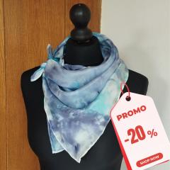 Picture of the product On sale : - 20%. 90x90 cm hand-painted silk scarf – Blue & violet tones, rolled hem, unique artisan design