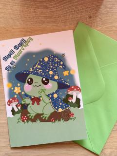 Carte illustrée Hopiti Bopiti papeterie artisanale belge carte de vœux enfant univers féérique avec enveloppe verte cadeau doux Wimzzi / Geïllustreerde kaart Hopiti Bopiti Belgische handgemaakte wenskaart kind fantasy met envelop Wimzzi / Illustrated greeting card Hopiti Bopiti handmade Belgian children fantasy stationery with envelope Wimzzi