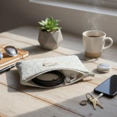 Picture of the product Handcrafted flat pouch – Small flowers in water green