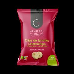 Chips de lentilles au sel Graines de Curieux, snack croustillant sain et végétal, chips artisanales belges à base de légumineuses / Linzenchips met zout van Graines de Curieux, knapperige en gezonde plantaardige snack, Belgische ambachtelijke chips / Lentil chips with salt by Graines de Curieux, crunchy healthy plant-based snack, Belgian artisanal chips