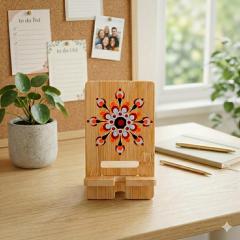 Support smartphone en bambou décoré mandala dot art fait main par Dotty Joyous Things Marie Maerevoet, accessoire bureau zen et objet décoratif artisanal parfait pour intérieur chaleureux / Bamboe smartphone houder met handgeschilderde mandala dot art van Dotty Joyous Things, decoratief bureau accessoire met zen uitstraling / Bamboo smartphone holder with hand-painted mandala dot art by Dotty Joyous Things Marie Maerevoet, handmade decorative desk accessory creating a calm and creative workspace