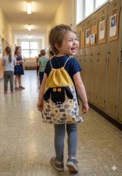 enfant portant sac piscine mouton fait main par Les Ethi-Kets en Belgique, sac enfant artisanal local pratique pour piscine ou école, idée cadeau enfant durable et unique / kind met handgemaakte zwemzak met schaapmotief van Les Ethi-Kets in België, praktische lokale kinder tas voor zwembad of school, origineel duurzaam cadeau / child wearing handmade sheep swim bag by Les Ethi-Kets in Belgium, practical artisanal kids bag for school or pool, unique sustainable children gift