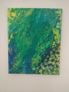 Peinture organique vert émeraude, turquoise et jaune inspirée de la nature, œuvre abstraite contemporaine sur toile pour collectionneur et décoration biophilique / Organisch schilderij in smaragdgroen, turquoise en geel geïnspireerd door de natuur, hedendaags abstract kunstwerk voor verzamelaar en biofiel interieur / Organic emerald green, turquoise and yellow painting inspired by nature, contemporary abstract canvas for art collectors and biophilic interiors
