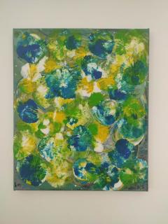 Peinture abstraite florale verte, bleue et jaune, œuvre contemporaine sur toile 25x30 inspirée d’un jardin, art original pour collection privée / Abstract floraal schilderij in groen, blauw en geel, hedendaags kunstwerk op doek 25x30 geïnspireerd door een tuin, originele kunst voor privécollectie / Abstract floral painting in green, blue and yellow, contemporary 25x30 canvas inspired by a garden, original art for a private collection