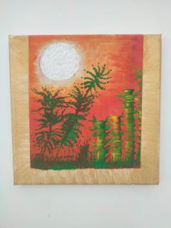 Paysage naïf au soleil couchant orange et végétation verte, peinture figurative originale sur toile pour collectionneur d’art et amoureux de nature / Naïef landschap met oranje zonsondergang en groene vegetatie, origineel figuratief schilderij op doek voor kunstverzamelaars en natuurliefhebbers / Naive landscape with orange sunset and green vegetation, original figurative canvas for art collectors and nature lovers