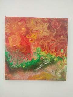 Œuvre originale aux tons rouge, orange et vert, peinture contemporaine expressive sur toile pour collection d’art, décoration intérieure et cadeau artistique unique / Origineel kunstwerk in rood, oranje en groen, expressief hedendaags schilderij op doek voor kunstcollectie, interieur en uniek kunstcadeau / Original artwork in red, orange and green, expressive contemporary canvas for an art collection, interior decor and unique art gift