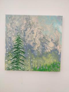 Paysage artistique de forêt aux sapins verts et ciel pastel, œuvre originale sur toile pour collection d’art, décoration nature et intérieur apaisant / Artistiek boslandschap met groene dennen en pastelkleurige lucht, origineel werk op doek voor kunstcollectie en rustgevend interieur / Artistic forest landscape with green pine trees and pastel sky, original canvas artwork for an art collection and calming interior