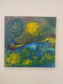 Peinture contemporaine bleu profond, jaune et vert, petit tableau abstrait 20x20 aux accents naturels, œuvre originale pour bureau, bibliothèque ou décoration design / Hedendaags schilderij in diepblauw, geel en groen, klein abstract kunstwerk 20x20 met natuurlijke accenten voor kantoor, boekenkast of designinterieur / Contemporary deep blue, yellow and green painting, small 20x20 abstract artwork with natural accents for office, bookshelf or designer interior