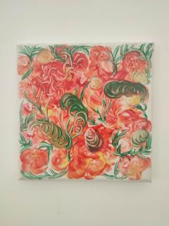 Art floral contemporain aux nuances corail, turquoise et vert, peinture organique expressive en petit format pour intérieur bohème et amateur d’art coloré / Hedendaagse florale kunst in koraal, turquoise en groen, expressief organisch schilderij in klein formaat voor boho interieur en liefhebbers van kleurrijke kunst / Contemporary floral art in coral, turquoise and green, expressive small-format organic painting for bohemian interiors and colourful art lovers