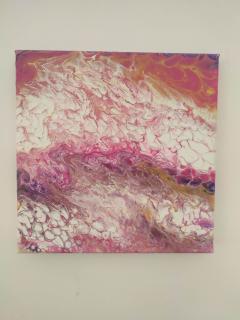 Fluid painting rose poudré, blanc et fuchsia avec effet pierre naturelle, peinture abstraite marbrée sur toile et décoration raffinée pour intérieur féminin / Fluid painting in zachtroze, wit en fuchsia met natuursteeneffect, abstract gemarmerd doek voor een verfijnd interieur / Blush pink, white and fuchsia fluid painting with natural stone effect, abstract marbled canvas for refined interior decor