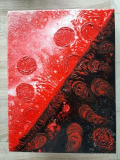 Composition rouge et noire en relief, œuvre graphique texturée au contraste puissant, art contemporain pour décoration moderne, industrielle ou design / Reliëfcompositie in rood en zwart, grafisch kunstwerk met krachtig contrast voor modern, industrieel of designinterieur / Red and black relief composition, graphic textured artwork with bold contrast for modern, industrial or designer interiors - Art on paper