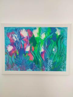 Grand tableau végétal abstrait vert, turquoise et fuchsia, décoration murale colorée pour salon, chambre ou bureau et œuvre contemporaine d’artiste belge / Groot abstract botanisch schilderij in groen, turquoise en fuchsia, kleurrijke wanddecoratie voor woonkamer, slaapkamer of kantoor van Belgische kunstenaar / Large botanical abstract painting in green, turquoise and fuchsia, colourful wall decor for living room, bedroom or office by a Belgian artist