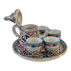 Photo de l'article Handmade Moroccan Tea Set-Hand-Painted Ceramic Teapot with Cups - Tray – Mint Tea Set for Boho Kitchen & Brass Decor-Nickel silver inlay.