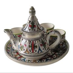 Photo de l'article Handmade Moroccan Tea Set-Hand-Painted Ceramic Teapot with Cups - Tray – Mint Tea Set for Boho Kitchen & Brass Decor-Nickel silver inlay.