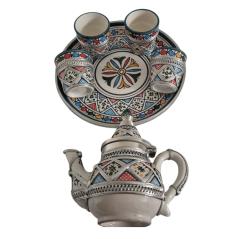 Photo de l'article Handmade Moroccan Tea Set-Hand-Painted Ceramic Teapot with Cups - Tray – Mint Tea Set for Boho Kitchen & Brass Decor-Nickel silver inlay.