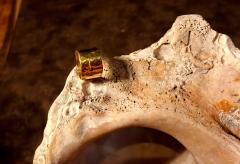 Bague Gaïa dorée sur pierre brute, hommage à la nature et aux forces telluriques / Gouden Gaïa-ring op ruwe steen, ode aan de natuur / Gold Gaia ring on raw stone, tribute to nature’s energy