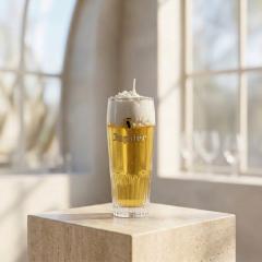 Bougie trompe-l’œil artisanale effet verre de bière, création originale dans un verre de seconde main, cadeau insolite et décoration faite main / Handgemaakte trompe-l’oeil kaars als bierglas in een tweedehands glas, origineel en verrassend cadeau / Handmade beer glass illusion candle in a second-hand glass, quirky original gift and creative home decoration