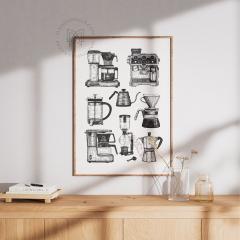 Photo de l'article Affiche Les Machines à Café – Illustrations vintage dessinées à la main, hommage à l’histoire du café