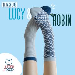 Coffret duo chaussettes Lucy et Robin en coton bio bleu ciel et bleu marine, cadeau original – La Tribu d'Oscar / Duo-geschenkset sokken Lucy en Robin van biokatoen in licht- en marineblauw, origineel cadeau – La Tribu d'Oscar / Lucy and Robin organic cotton socks duo set in light blue and navy, original gift – La Tribu d'Oscar