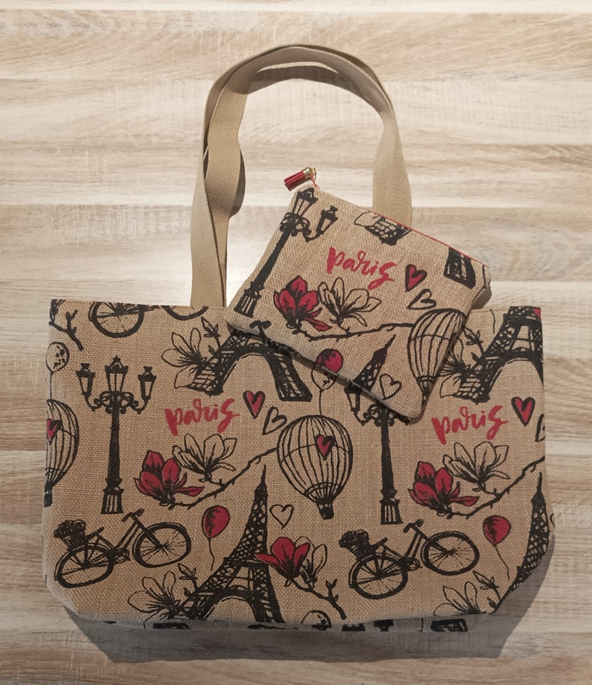 Sac cabas et trousse assortie motif Paris vintage / Tote bag and matching pouch Paris vintage theme / Tote bag en bijpassend etui Parijs vintage