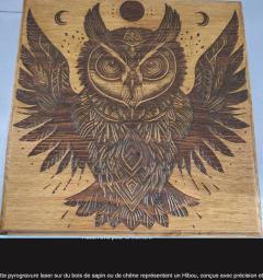 Décoration murale en bois gravé hibou – art spirituel et animal totem en pyrogravure / Houten wanddecoratie met gegraveerde uil – totemdier en spirituele kunst / Engraved wooden wall art of owl – totem animal and spiritual decor